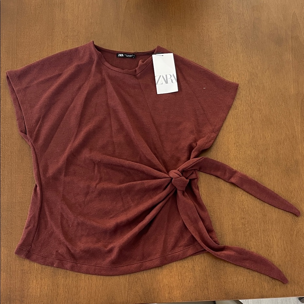 NWT Zara Women's Maroon Short Sleeve Tie-Front Tee